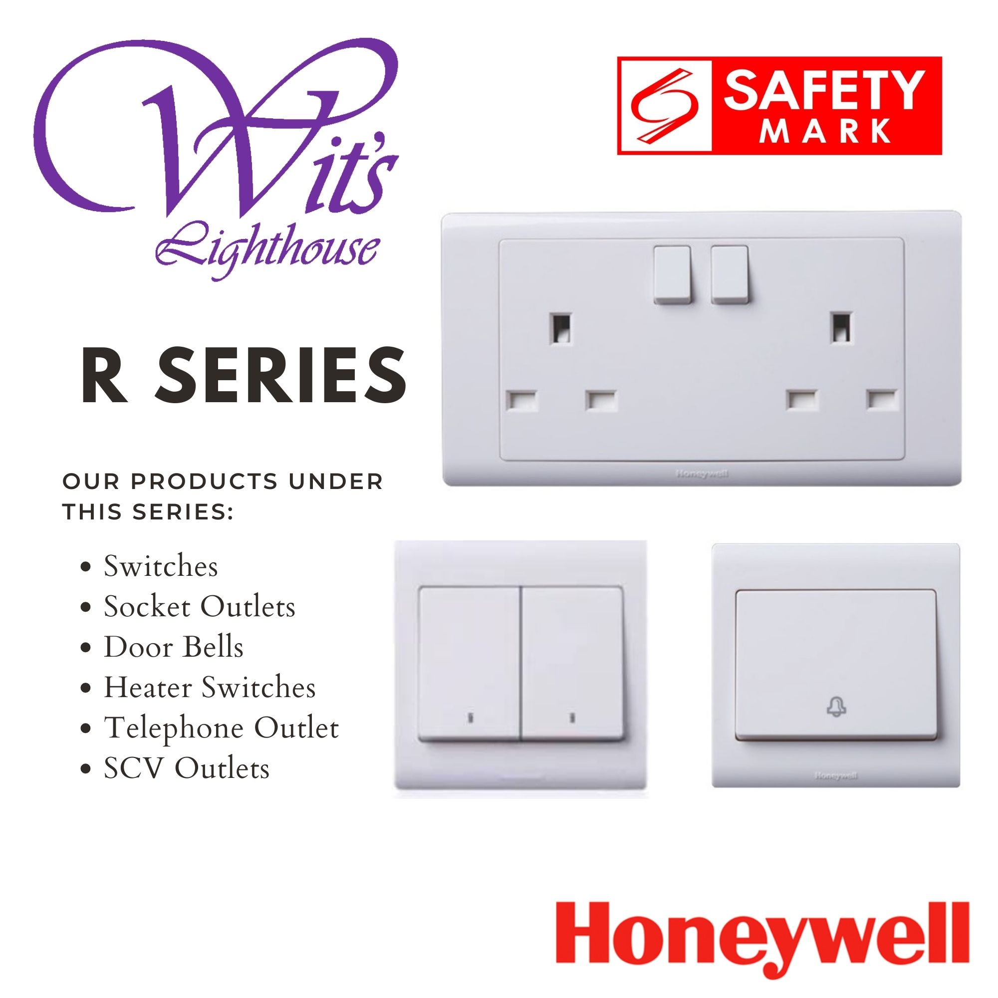 HoneyWell R-Series Switch Socket Outlet Singapore Safety Mark 16A 1/2/3/4 Gang 1/2 Way Switch / 20A Heater / Doorbell