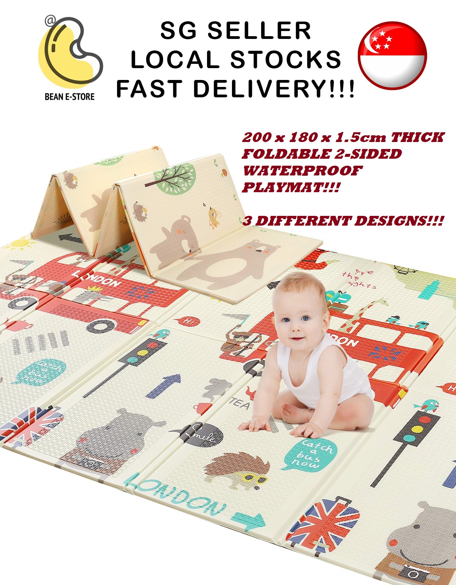 CHEAPEST!!! Bean Estore [200x180x1.5cm] Baby XPE Thick Foldable Playmat Floor Mat Foam Play Mat Non-Toxic Folding Waterproof Crawling Mat for Babies Toddlers Infants