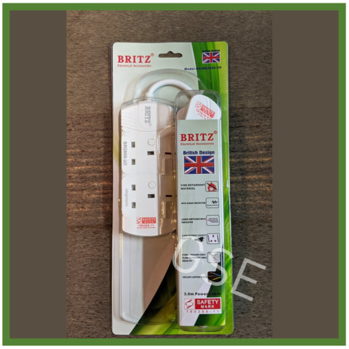 2 Way 3 Meter Multi Power Extension Socket Cord Plug with Surge Protector 2Way 3m Britz GSE