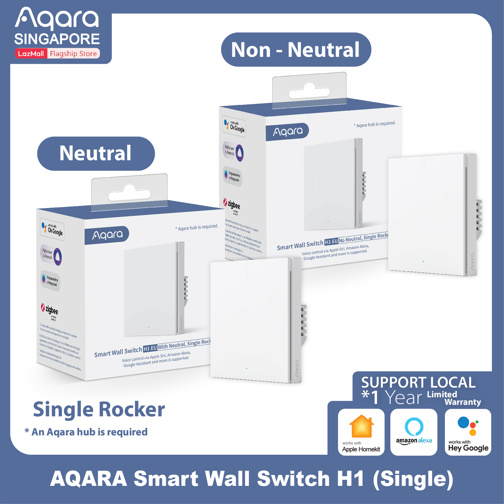 AQARA Smart Wall Switch H1 EU with (Single Gang / Rocker), Support Apple HomeKit, Alexa, Google, (Smart Light Switches)