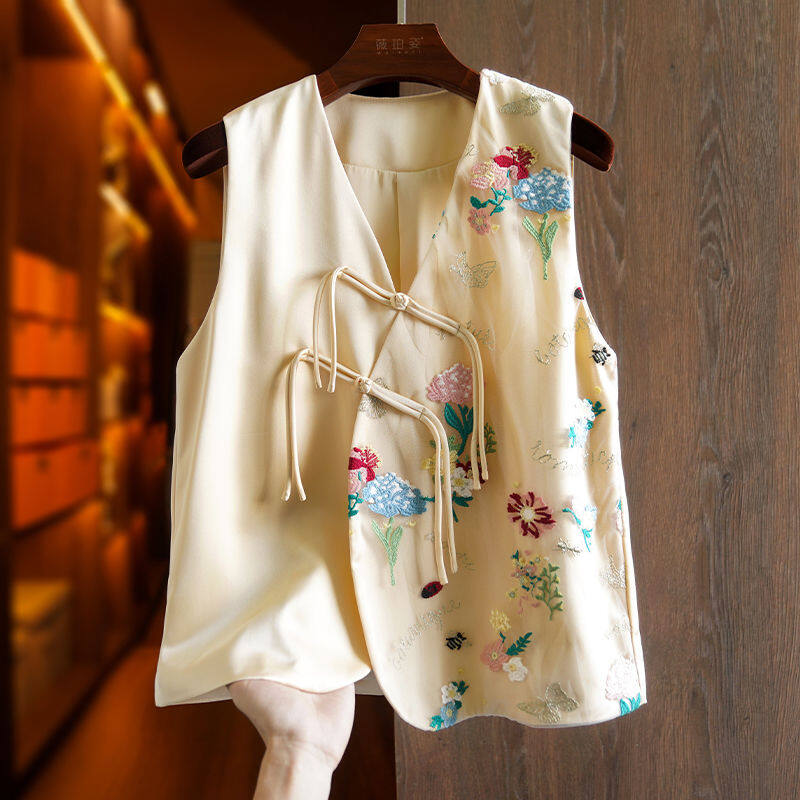 Joso Apricot Pink Senior Sense of Summer Chinese Vest Women Summer Suit Original Design Mesh Embroidery Country Tide Wind Plate Buckle Top