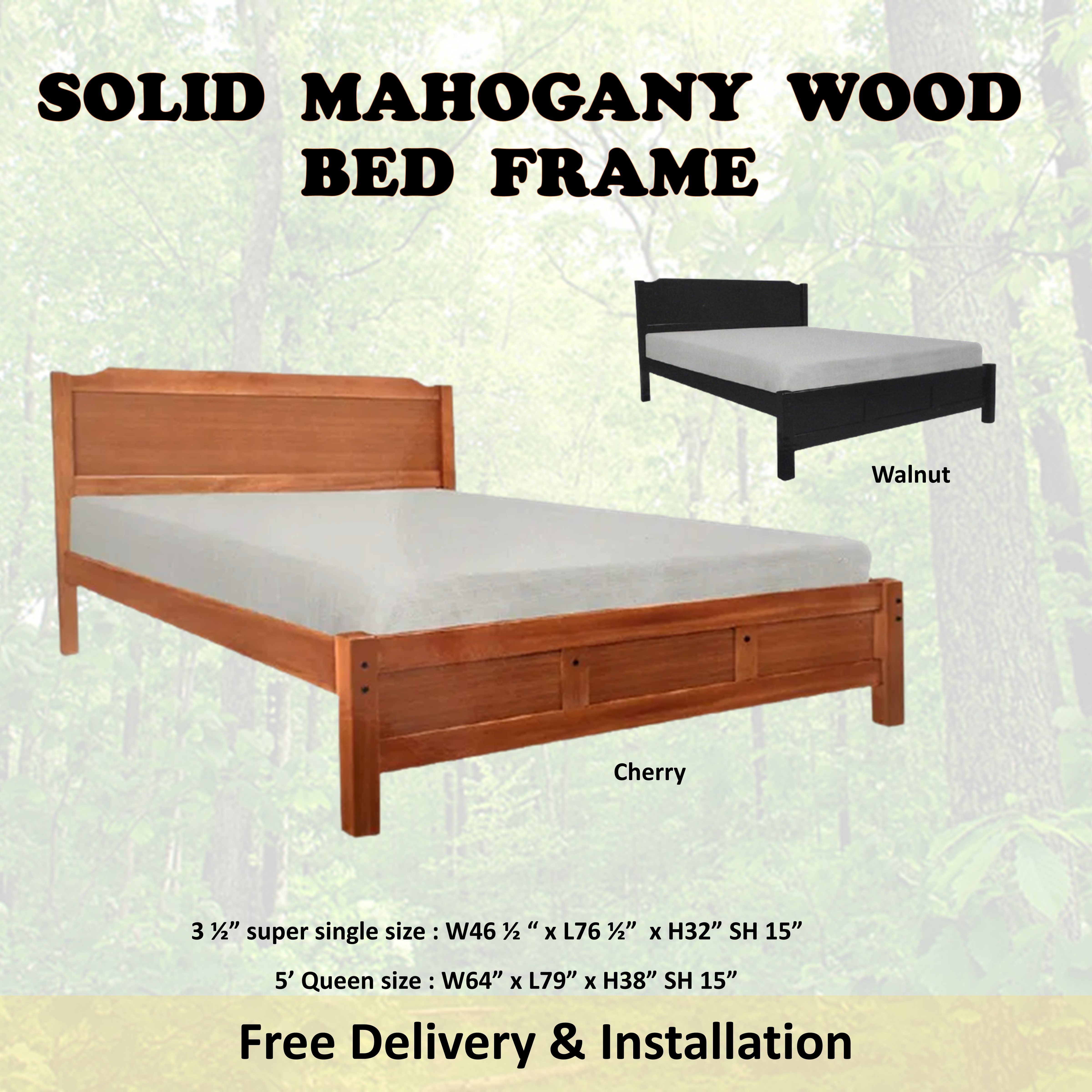HANNA Mahogany Solid Wooden Super Single / Queen Bed Frame In Cherry & Walnut Colour