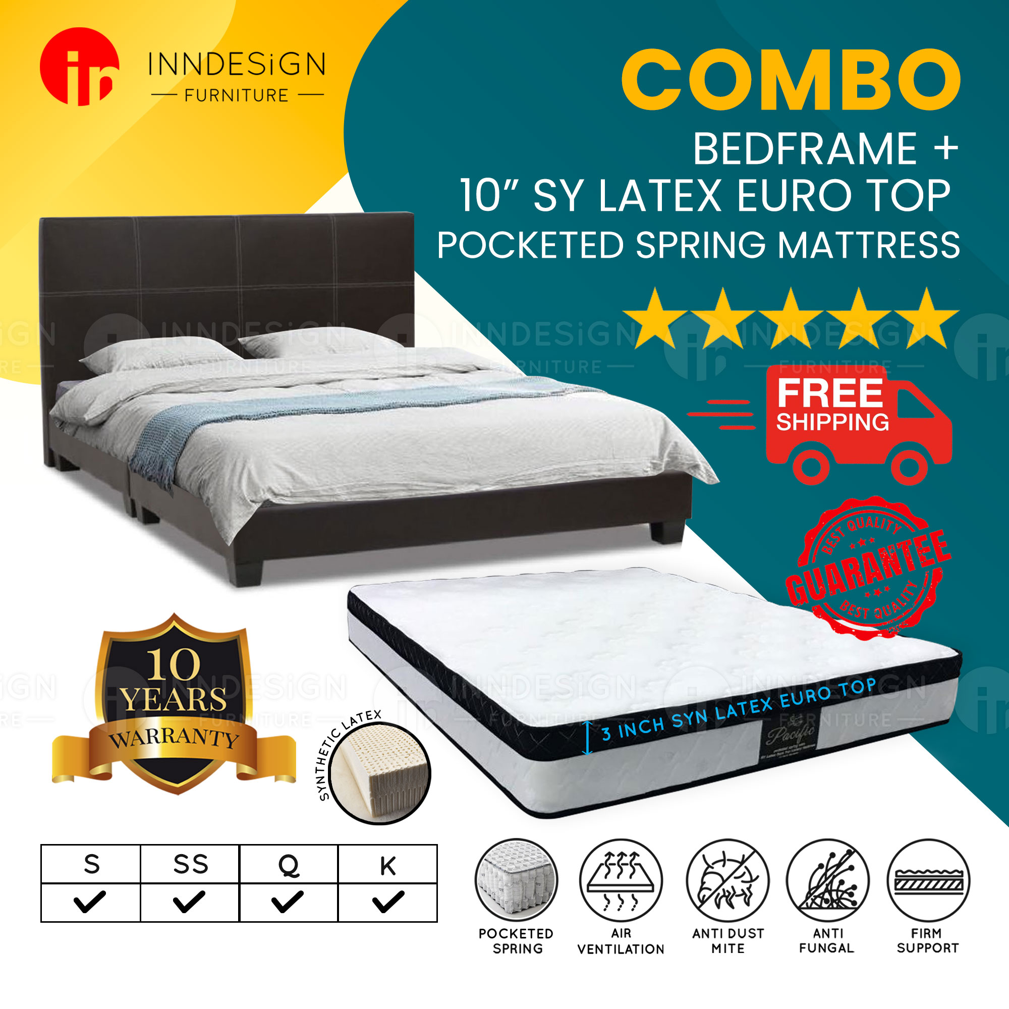 [COMBO  SET] 10inch Pocketed Spring With Latex Mattress + Bedframe (10 Years Warranty) [ALL SIZES AVAILABLE]